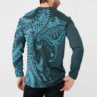 Hawaiian Manta Ray and Polynesian Tribal Tattoo Button Sweatshirt Turquoise Color LT03