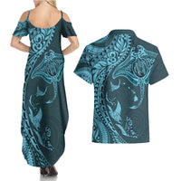 Hawaiian Manta Ray and Polynesian Tribal Tattoo Couples Matching Summer Maxi Dress and Hawaiian Shirt Turquoise Color LT03