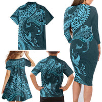 Hawaiian Manta Ray and Polynesian Tribal Tattoo Family Matching Long Sleeve Bodycon Dress and Hawaiian Shirt Turquoise Color LT03
