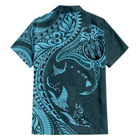 Hawaiian Manta Ray and Polynesian Tribal Tattoo Family Matching Short Sleeve Bodycon Dress and Hawaiian Shirt Turquoise Color LT03