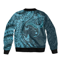 Hawaiian Manta Ray and Polynesian Tribal Tattoo Sleeve Zip Bomber Jacket Turquoise Color LT03