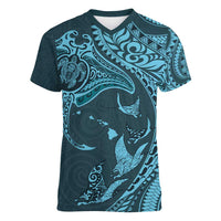 Hawaiian Manta Ray and Polynesian Tribal Tattoo Women V-Neck T-Shirt Turquoise Color LT03 Female Turquoise - Polynesian Pride