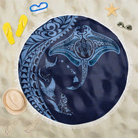 Hawaiian Manta Ray and Polynesian Tribal Tattoo Beach Blanket Dark Navy Color LT03