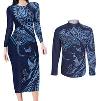 Hawaiian Manta Ray and Polynesian Tribal Tattoo Couples Matching Long Sleeve Bodycon Dress and Long Sleeve Button Shirt Dark Navy Color LT03