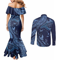 Hawaiian Manta Ray and Polynesian Tribal Tattoo Couples Matching Mermaid Dress and Long Sleeve Button Shirt Dark Navy Color LT03