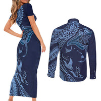 Hawaiian Manta Ray and Polynesian Tribal Tattoo Couples Matching Short Sleeve Bodycon Dress and Long Sleeve Button Shirt Dark Navy Color LT03