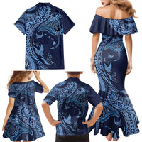 Hawaiian Manta Ray and Polynesian Tribal Tattoo Family Matching Mermaid Dress and Hawaiian Shirt Dark Navy Color LT03