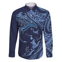Hawaiian Manta Ray and Polynesian Tribal Tattoo Family Matching Mermaid Dress and Hawaiian Shirt Dark Navy Color LT03