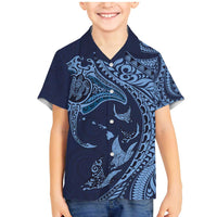 Hawaiian Manta Ray and Polynesian Tribal Tattoo Family Matching Mermaid Dress and Hawaiian Shirt Dark Navy Color LT03