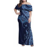 Hawaiian Manta Ray and Polynesian Tribal Tattoo Family Matching Off Shoulder Maxi Dress and Hawaiian Shirt Dark Navy Color LT03