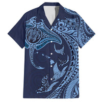 Hawaiian Manta Ray and Polynesian Tribal Tattoo Family Matching Summer Maxi Dress and Hawaiian Shirt Dark Navy Color LT03