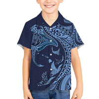Hawaiian Manta Ray and Polynesian Tribal Tattoo Kid Hawaiian Shirt Dark Navy Color LT03