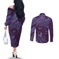 Hawaiian Manta Ray and Polynesian Tribal Tattoo Couples Matching Off The Shoulder Long Sleeve Dress and Long Sleeve Button Shirt Purple Color LT03
