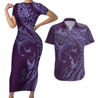 Hawaiian Manta Ray and Polynesian Tribal Tattoo Couples Matching Short Sleeve Bodycon Dress and Hawaiian Shirt Purple Color LT03