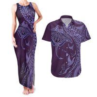Hawaiian Manta Ray and Polynesian Tribal Tattoo Couples Matching Tank Maxi Dress and Hawaiian Shirt Purple Color LT03