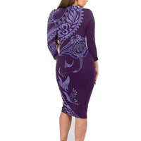 Hawaiian Manta Ray and Polynesian Tribal Tattoo Family Matching Long Sleeve Bodycon Dress and Hawaiian Shirt Purple Color LT03