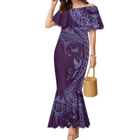 Hawaiian Manta Ray and Polynesian Tribal Tattoo Family Matching Mermaid Dress and Hawaiian Shirt Purple Color LT03