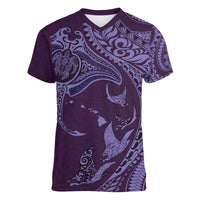 Hawaiian Manta Ray and Polynesian Tribal Tattoo Women V-Neck T-Shirt Purple Color LT03 Female Purple - Polynesian Pride