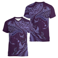 Hawaiian Manta Ray and Polynesian Tribal Tattoo Women V-Neck T-Shirt Purple Color LT03 - Polynesian Pride
