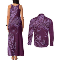 Hawaiian Manta Ray and Polynesian Tribal Tattoo Couples Matching Tank Maxi Dress and Long Sleeve Button Shirt Pink Color LT03