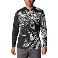 Hawaiian Manta Ray and Polynesian Tribal Tattoo Button Sweatshirt Black Color LT03