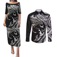 Hawaiian Manta Ray and Polynesian Tribal Tattoo Couples Matching Puletasi and Long Sleeve Button Shirt Black Color LT03