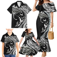 Hawaiian Manta Ray and Polynesian Tribal Tattoo Family Matching Mermaid Dress and Hawaiian Shirt Black Color LT03