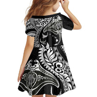 Hawaiian Manta Ray and Polynesian Tribal Tattoo Family Matching Short Sleeve Bodycon Dress and Hawaiian Shirt Black Color LT03