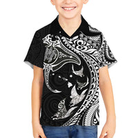 Hawaiian Manta Ray and Polynesian Tribal Tattoo Family Matching Tank Maxi Dress and Hawaiian Shirt Black Color LT03