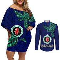 Papua New Guinea Bougainville Couples Matching Off Shoulder Short Dress and Long Sleeve Button Shirts PNG Birds Of Paradise Polynesian Arty Style LT03 Blue - Polynesian Pride