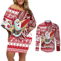 Hawaii Mele Kalikimaka Couples Matching Off Shoulder Short Dress and Long Sleeve Button Shirt Santa Claus Surfing with Hawaiian Pattern Striped Red Style LT03 Red - Polynesian Pride