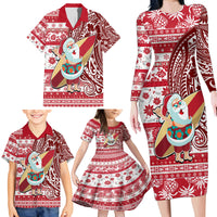 Hawaii Mele Kalikimaka Family Matching Long Sleeve Bodycon Dress and Hawaiian Shirt Santa Claus Surfing with Hawaiian Pattern Striped Red Style LT03 - Polynesian Pride