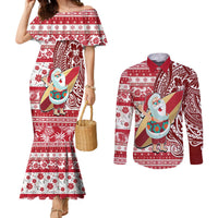 Custom Hawaii Mele Kalikimaka Couples Matching Mermaid Dress and Long Sleeve Button Shirt Santa Claus Surfing with Hawaiian Pattern Striped Red Style LT03 Red - Polynesian Pride