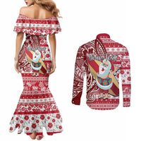 Custom Hawaii Mele Kalikimaka Couples Matching Mermaid Dress and Long Sleeve Button Shirt Santa Claus Surfing with Hawaiian Pattern Striped Red Style LT03 - Polynesian Pride