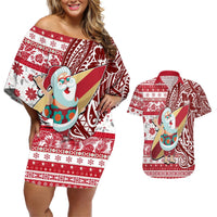Custom Hawaii Mele Kalikimaka Couples Matching Off Shoulder Short Dress and Hawaiian Shirt Santa Claus Surfing with Hawaiian Pattern Striped Red Style LT03 Red - Polynesian Pride