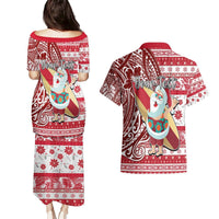 Custom Hawaii Mele Kalikimaka Couples Matching Puletasi Dress and Hawaiian Shirt Santa Claus Surfing with Hawaiian Pattern Striped Red Style LT03 - Polynesian Pride