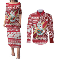 Custom Hawaii Mele Kalikimaka Couples Matching Puletasi Dress and Long Sleeve Button Shirt Santa Claus Surfing with Hawaiian Pattern Striped Red Style LT03 Red - Polynesian Pride