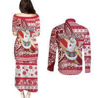 Custom Hawaii Mele Kalikimaka Couples Matching Puletasi Dress and Long Sleeve Button Shirt Santa Claus Surfing with Hawaiian Pattern Striped Red Style LT03 - Polynesian Pride