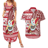 Custom Hawaii Mele Kalikimaka Couples Matching Summer Maxi Dress and Hawaiian Shirt Santa Claus Surfing with Hawaiian Pattern Striped Red Style LT03 Red - Polynesian Pride