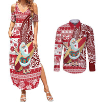 Custom Hawaii Mele Kalikimaka Couples Matching Summer Maxi Dress and Long Sleeve Button Shirt Santa Claus Surfing with Hawaiian Pattern Striped Red Style LT03 Red - Polynesian Pride