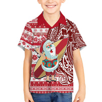 Custom Hawaii Mele Kalikimaka Family Matching Long Sleeve Bodycon Dress and Hawaiian Shirt Santa Claus Surfing with Hawaiian Pattern Striped Red Style LT03 Son's Shirt Red - Polynesian Pride