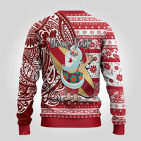 Custom Hawaii Mele Kalikimaka Ugly Christmas Sweater Santa Claus Surfing with Hawaiian Pattern Striped Red Style LT03 - Polynesian Pride
