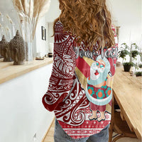 Custom Hawaii Mele Kalikimaka Women Casual Shirt Santa Claus Surfing with Hawaiian Pattern Striped Red Style LT03 - Polynesian Pride