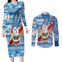 Hawaii Mele Kalikimaka Couples Matching Long Sleeve Bodycon Dress and Long Sleeve Button Shirt Santa Claus Surfing with Hawaiian Pattern Striped Blue Style LT03 Blue - Polynesian Pride