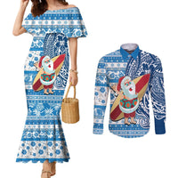 Hawaii Mele Kalikimaka Couples Matching Mermaid Dress and Long Sleeve Button Shirt Santa Claus Surfing with Hawaiian Pattern Striped Blue Style LT03 Blue - Polynesian Pride