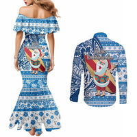 Hawaii Mele Kalikimaka Couples Matching Mermaid Dress and Long Sleeve Button Shirt Santa Claus Surfing with Hawaiian Pattern Striped Blue Style LT03 - Polynesian Pride
