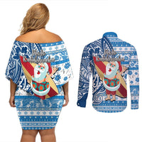 Hawaii Mele Kalikimaka Couples Matching Off Shoulder Short Dress and Long Sleeve Button Shirt Santa Claus Surfing with Hawaiian Pattern Striped Blue Style LT03 - Polynesian Pride