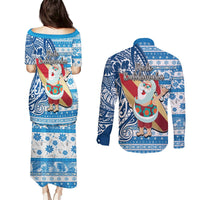 Hawaii Mele Kalikimaka Couples Matching Puletasi Dress and Long Sleeve Button Shirt Santa Claus Surfing with Hawaiian Pattern Striped Blue Style LT03 - Polynesian Pride