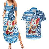 Hawaii Mele Kalikimaka Couples Matching Summer Maxi Dress and Hawaiian Shirt Santa Claus Surfing with Hawaiian Pattern Striped Blue Style LT03 Blue - Polynesian Pride