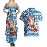Hawaii Mele Kalikimaka Couples Matching Summer Maxi Dress and Hawaiian Shirt Santa Claus Surfing with Hawaiian Pattern Striped Blue Style LT03 - Polynesian Pride